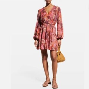 A.L.C. Elise Pink Rust Boho Silk Mini Dress Long Sleeve 0